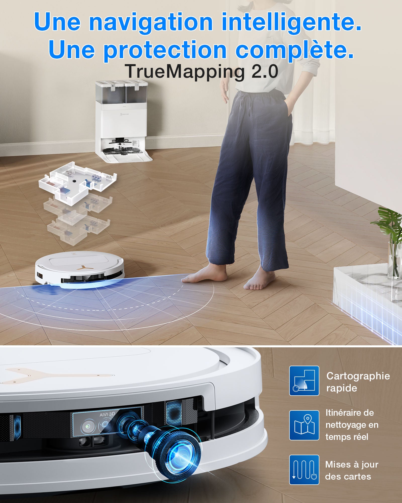 Robot aspirateur et laveur ECOVACS T50 Pro (Noir) avec station OMNI tout-en-un incluant le dosage du nettoyant, OZMO Turbo 2.0, jusqu'à 25 000 Pa de puissance d'aspiration