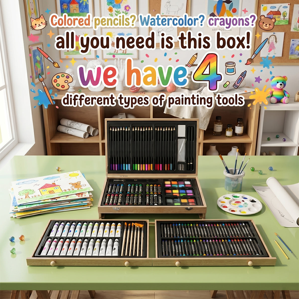 Coffret cadeau en bois de 175 pinceaux de peinture - Bois naturel