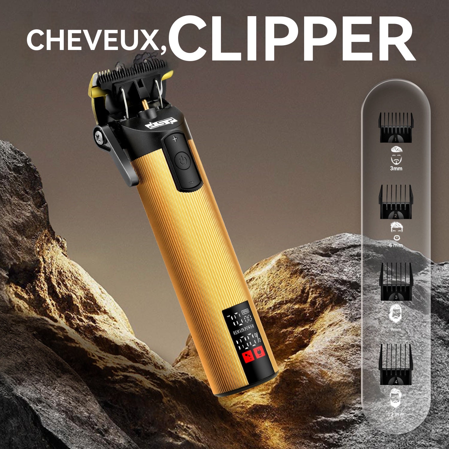 DPS Tondeuse professionnelle pour hommes, modèle 90478, tondeuse électrique sans fil avec écran numérique, moteur puissant de 5 W, batterie 2000 mAh (autonomie 180 min, recharge en 3 h)
