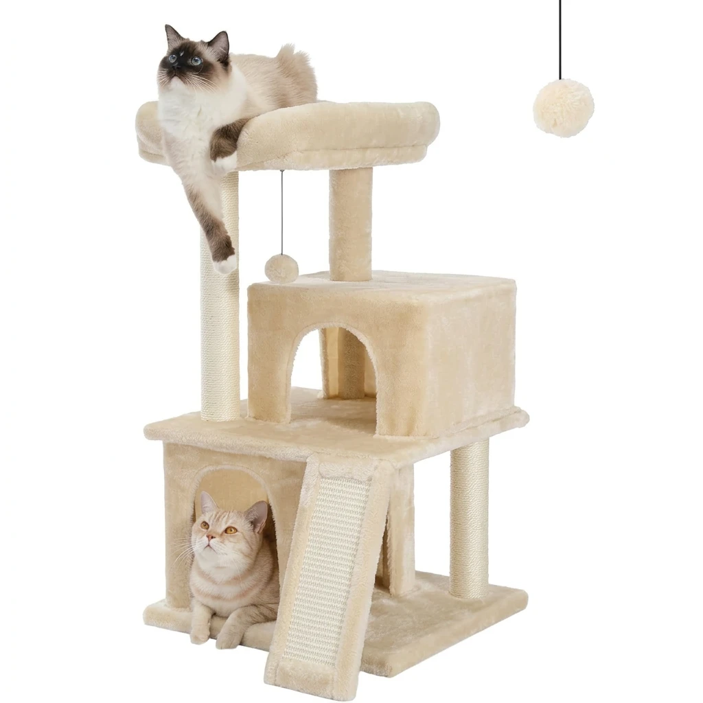 PAWZ Road arbre à chat, griffoir 51 cm, meuble pour chat avec corde en sisal, panier en peluche, maisonnette creuse, jouet pour chats, beige
