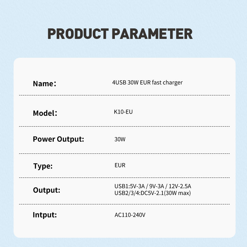PAVAREAL K10EU Chargeur 4 USB 30 W (IC indépendant) prend en charge la charge d'iPhone, iPad, téléphone Samsung
