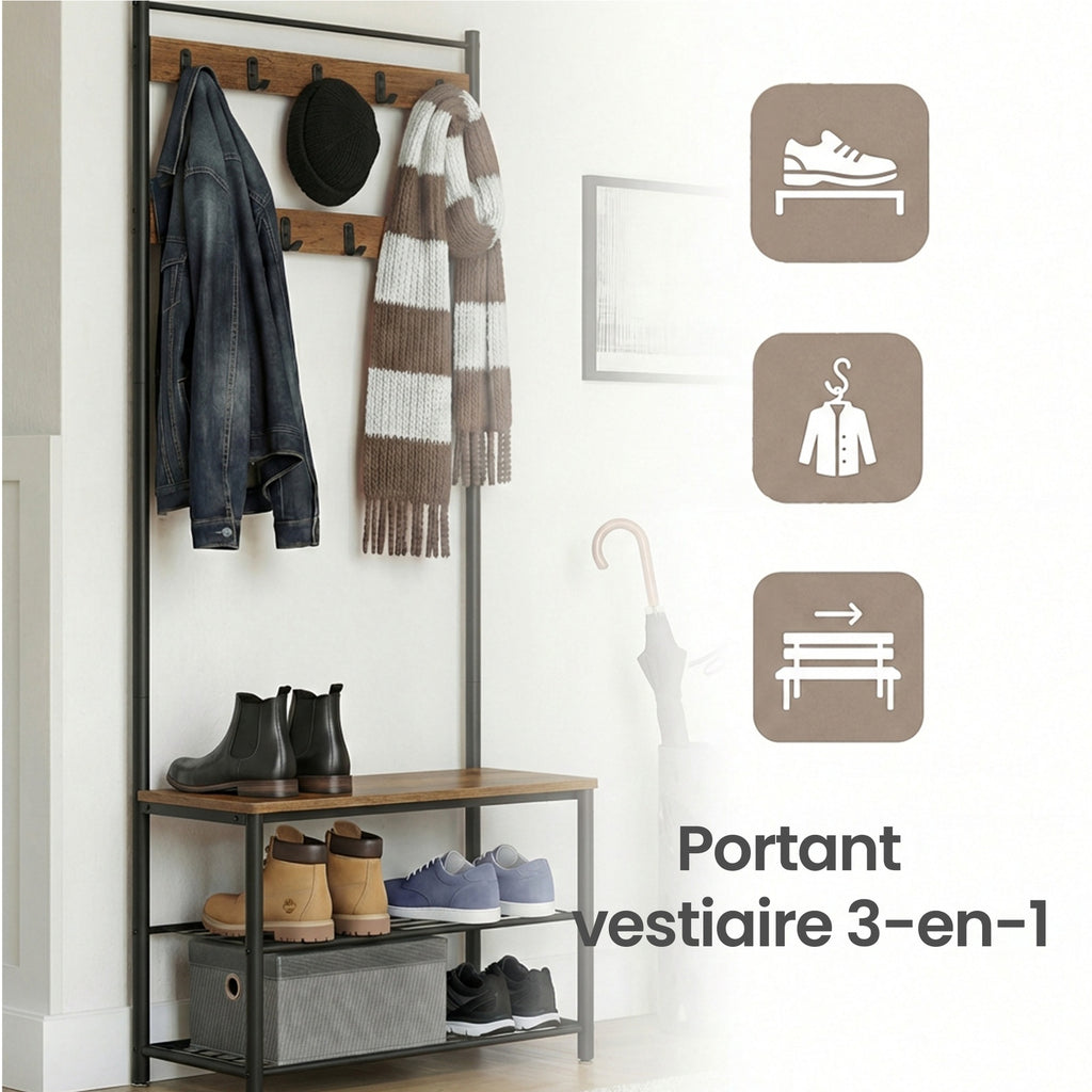 JOYFURNOS Portemanteau, 32 x 70 x 177 cm, Vestiaire avec Banc de Rangement pour Chaussures, Style Industriel, Marron et Noir