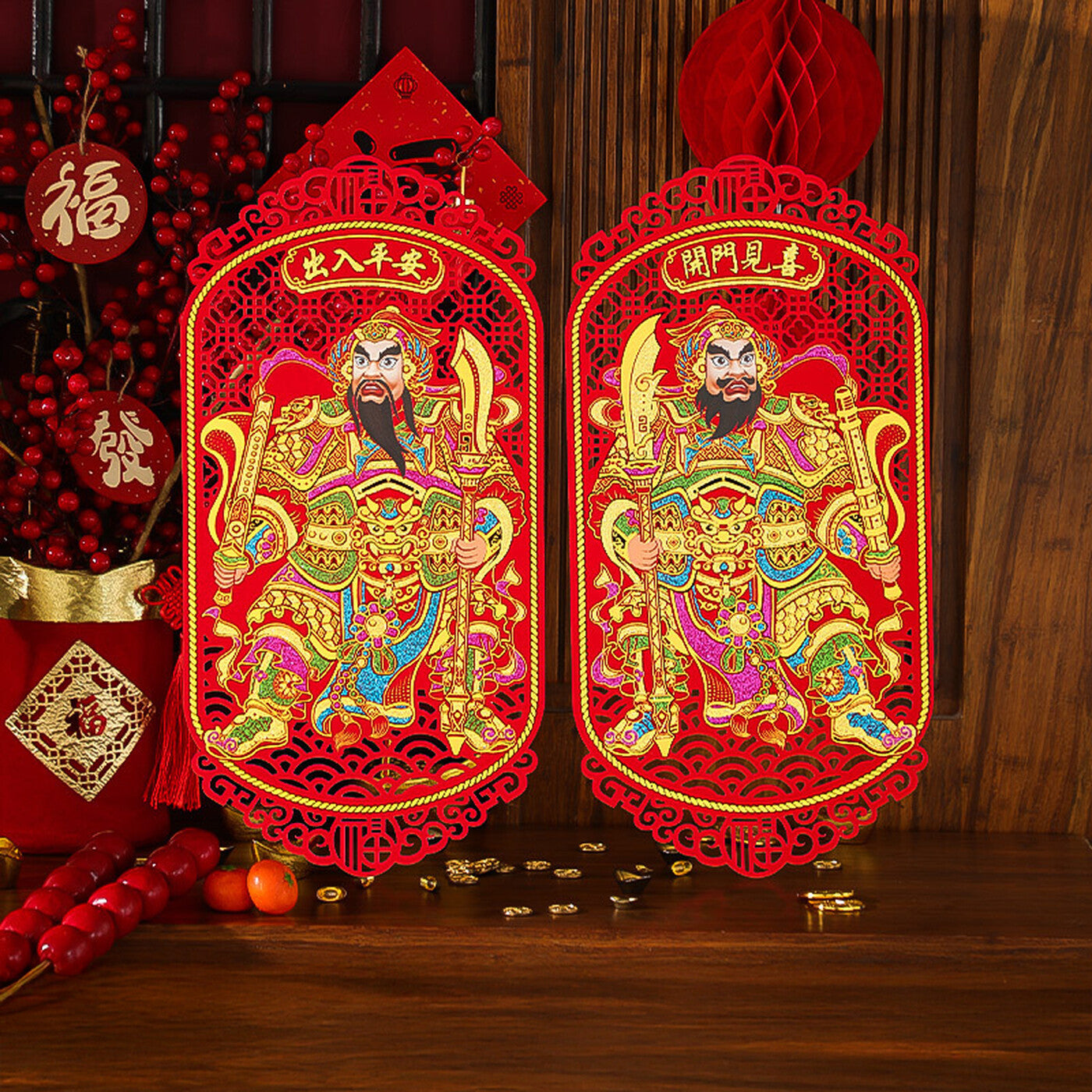 Wei's moment 2 pcs/1 lot 17 po Autocollants des dieux des portes du Nouvel An chinois, Décorations autocollantes des dieux des portes pour Fête du Printemps du Nouvel An lunaire Ouvrir