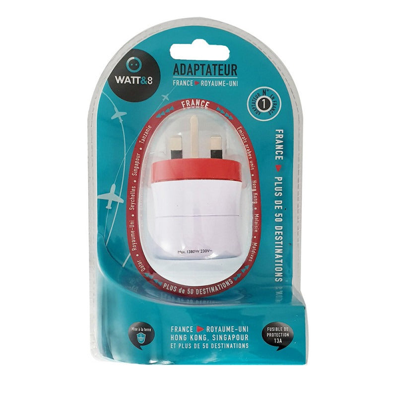 Watt and Co - Adaptateur de voyage - Prise française 2 broches vers prise britannique 3 broches - Rouge