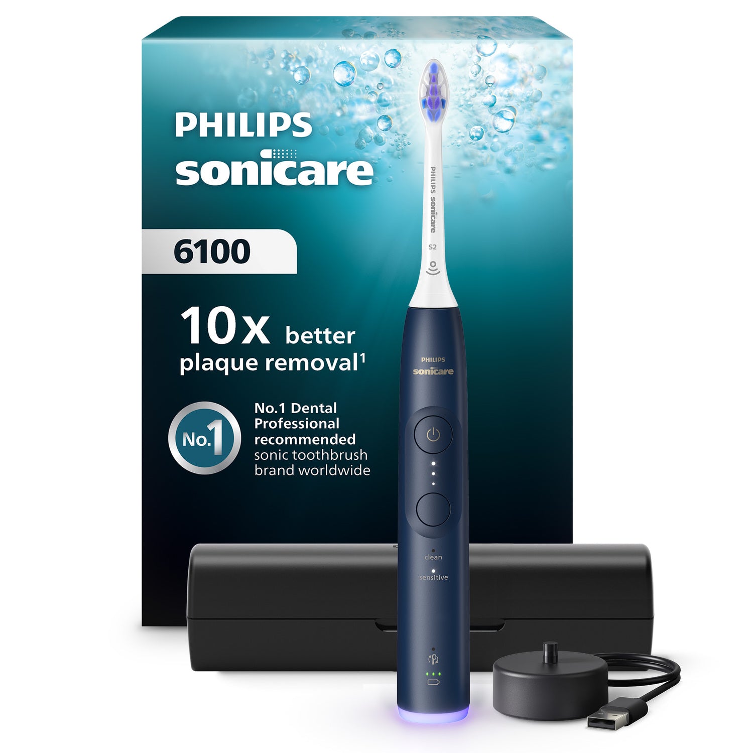 Philips Sonicare Series 6100 HX7403/05 Brosse à dents électrique - technologie sonique nouvelle génération, capteur de pression, 2 modes, 3 intensités, étui de voyage - Bleu marine