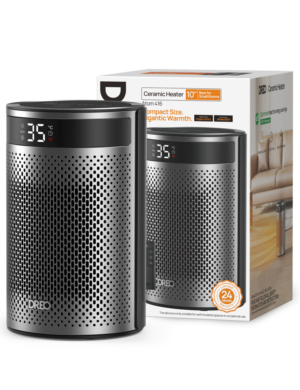 DREO Chauffage d'appoint PTC céramique écoénergétique - 1500 W, 34 dB silencieux, minuterie 12 h, 8 protections de sécurité, télécommande, Atom 416.