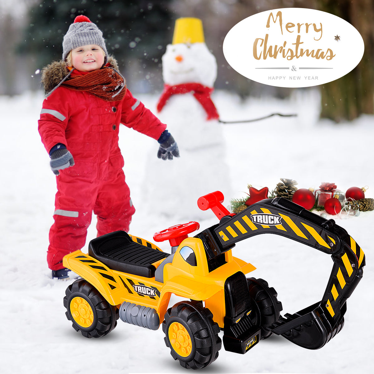 Excavatrice pour enfants et compartiment de rangement intégré, pelle avec klaxon, jouet excavatrice, pelle à sable, pelle avec siège pour enfants à partir de 3 ans, pierre et casque inclus