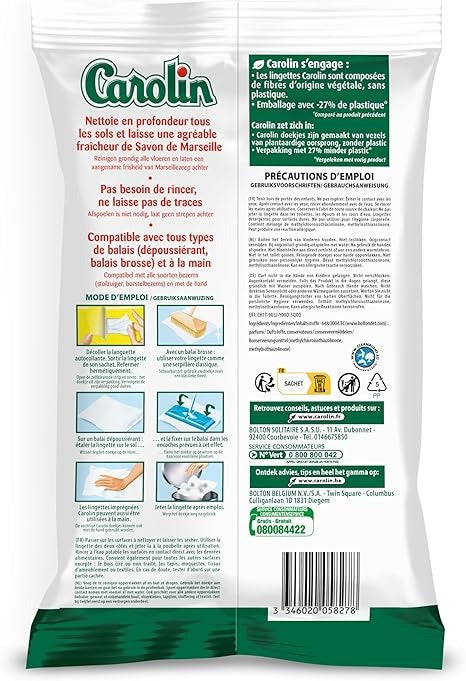 Carolin Lingettes Nettoyantes pour Sol au Savon de Marseille, Sans Rinçage, 15 Lingettes