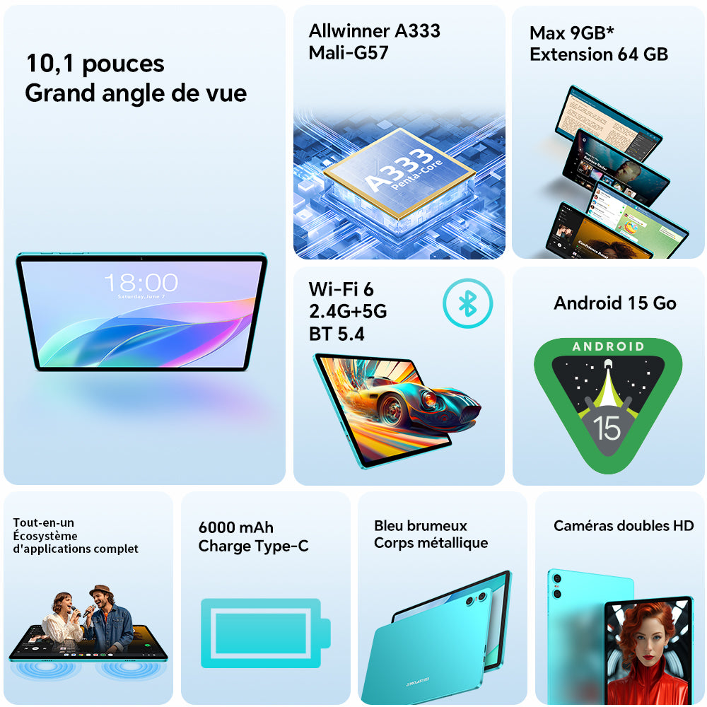 TECLAST P33 Tablette Android 15 Écran IPS 10,1 pouces RAM 9 Go Stockage 64 Go Ensemble 11 pièces Étui de protection et clavier