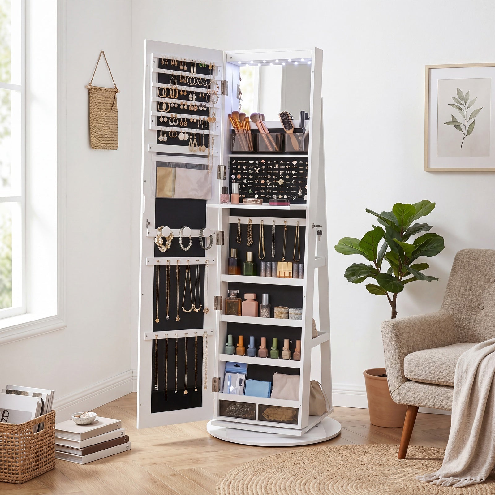 JOYFURNOS HOME Armoire à bijoux avec miroir pivotant à 360° et serrure, organisateur de bijoux, miroir sans cadre pleine longueur, 3 étagères de rangement, surface blanche, doublure noire