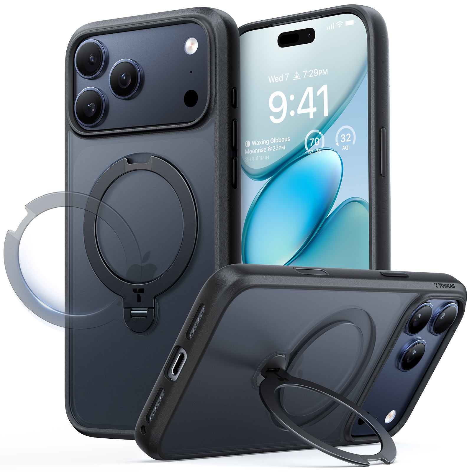 TORRAS Ostand Série Spin pour Coque iPhone 17 Pro Max Support Magnétique Rotatif à 360° Protection Militaire, Finition Mate Antidérapante et Anti-traces de Doigts - Noir