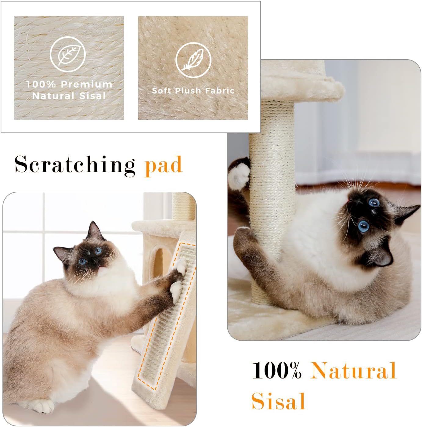 PAWZ Road arbre à chat, griffoir 51 cm, meuble pour chat avec corde en sisal, panier en peluche, maisonnette creuse, jouet pour chats, beige
