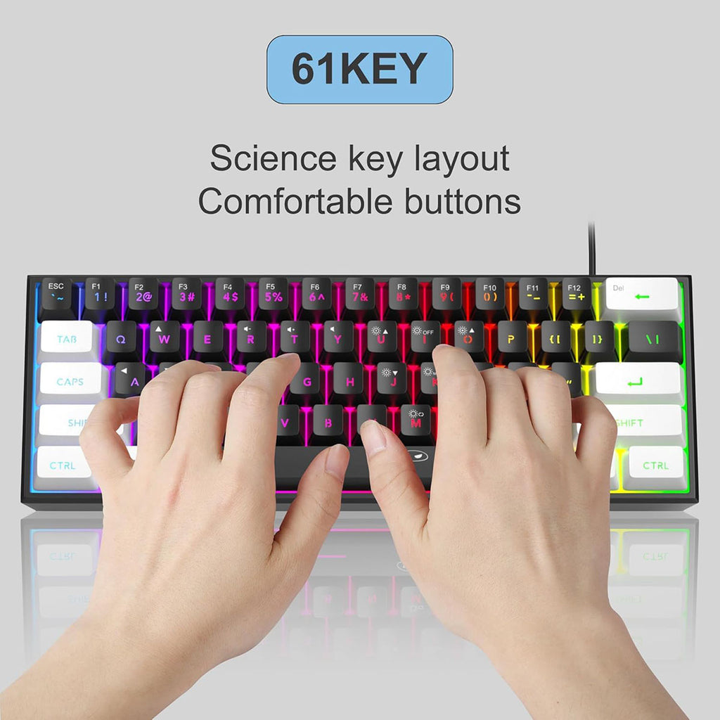 MageGee TS91 clavier de jeu filaire 60 %, disposition QWERTY US, rétroéclairage RGB, 61 touches, ultra-compact, TS91 ergonomique, étanche, à effet mécanique, pour PC, Mac, PS4, Xbox One, gamer (Blanc/Noir)
