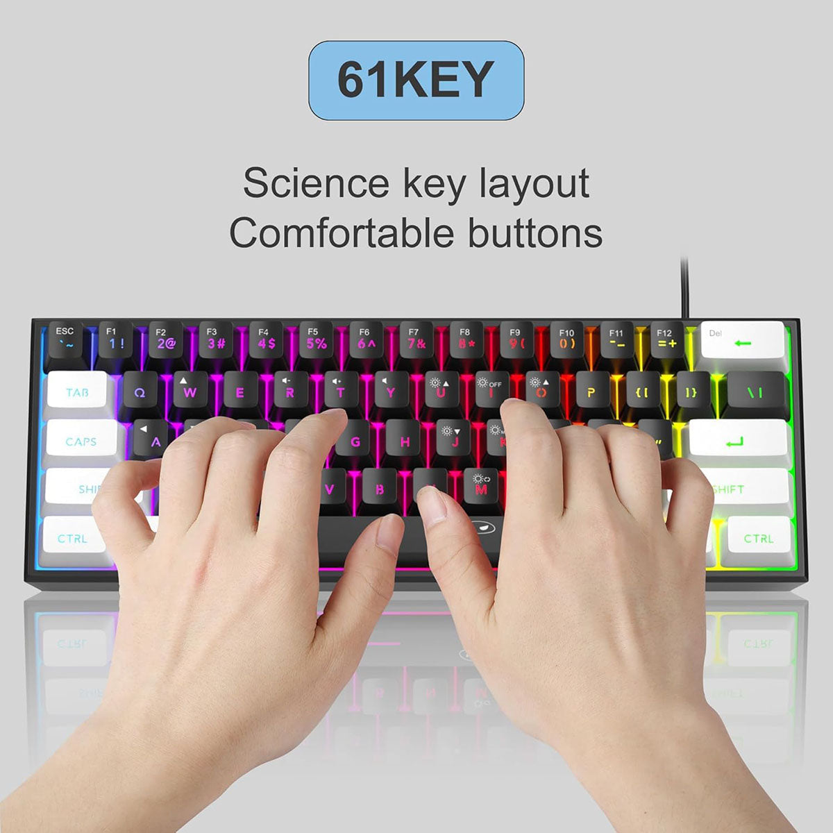 MageGee TS91 clavier de jeu filaire 60 %, disposition QWERTY US, rétroéclairage RGB, 61 touches, ultra-compact, TS91 ergonomique, étanche, à effet mécanique, pour PC, Mac, PS4, Xbox One, gamer (Blanc/Noir)