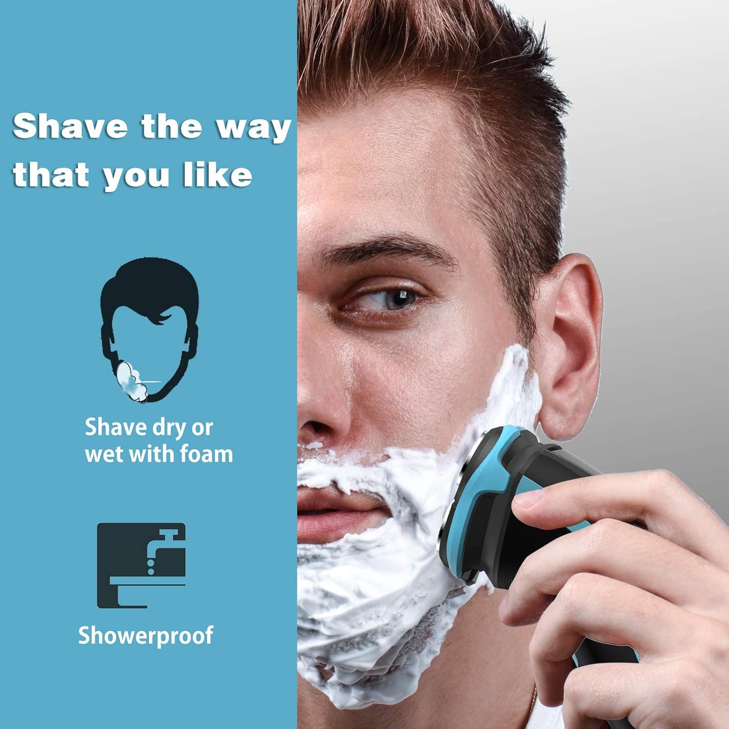 Rasoir électrique MAX-T pour hommes avec tondeuse escamotable, étanchéité IPX7, tête rotative 3D, rasoir sans fil rechargeable, port Type-C, 120 min d'autonomie, Plug & Play – Bleu