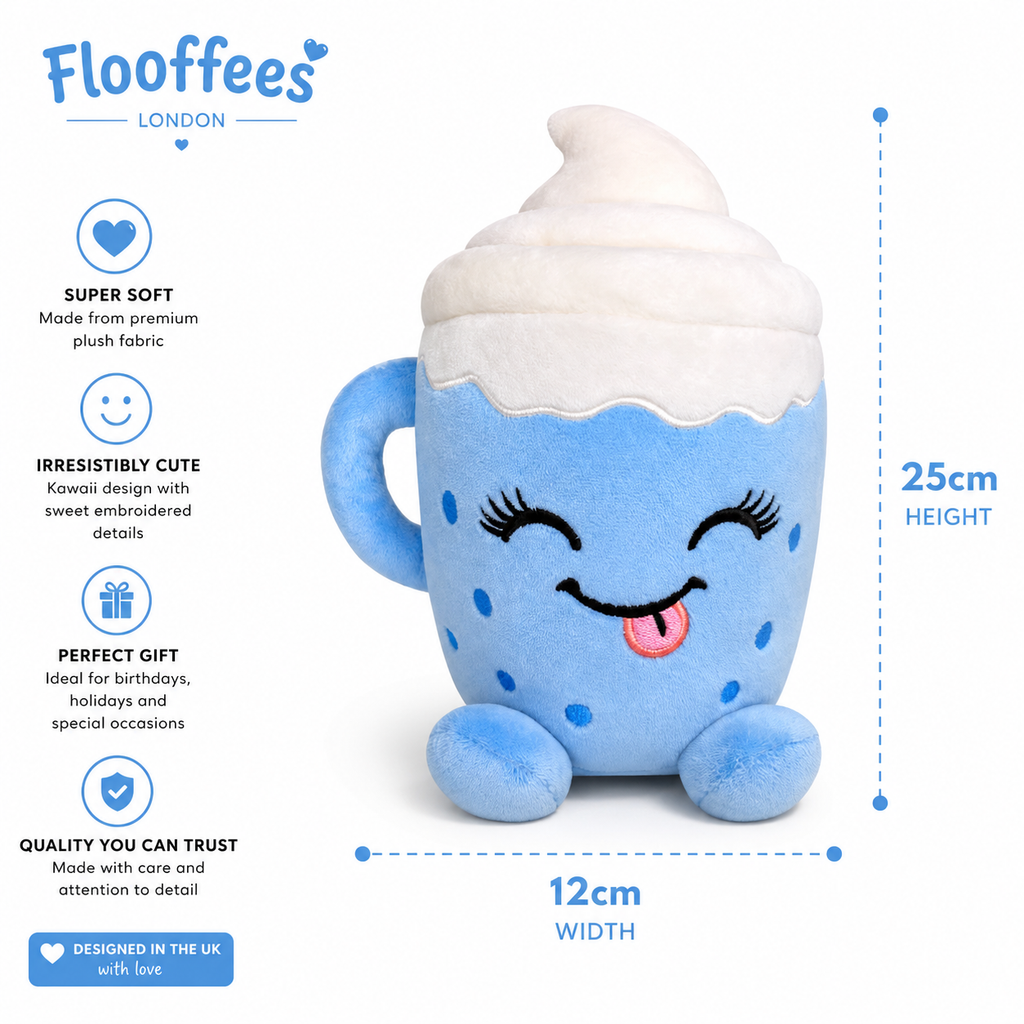 Flooffees Mug en peluche Bleu de Londres – Jouet mignon et doux de style kawaii avec nappage à la crème fouettée, compagnon de bureau câlin de 25 cm, décoration pour chambre et cadeau pour enfants