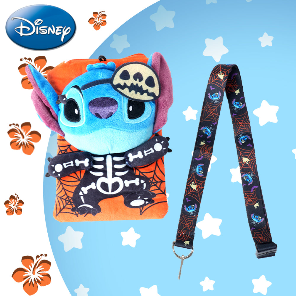 Disney 1 pièce Porte-carte Stitch Halloween en peluche avec tour de cou, sous licence officielle, thème effrayant squelette et toile d'araignée