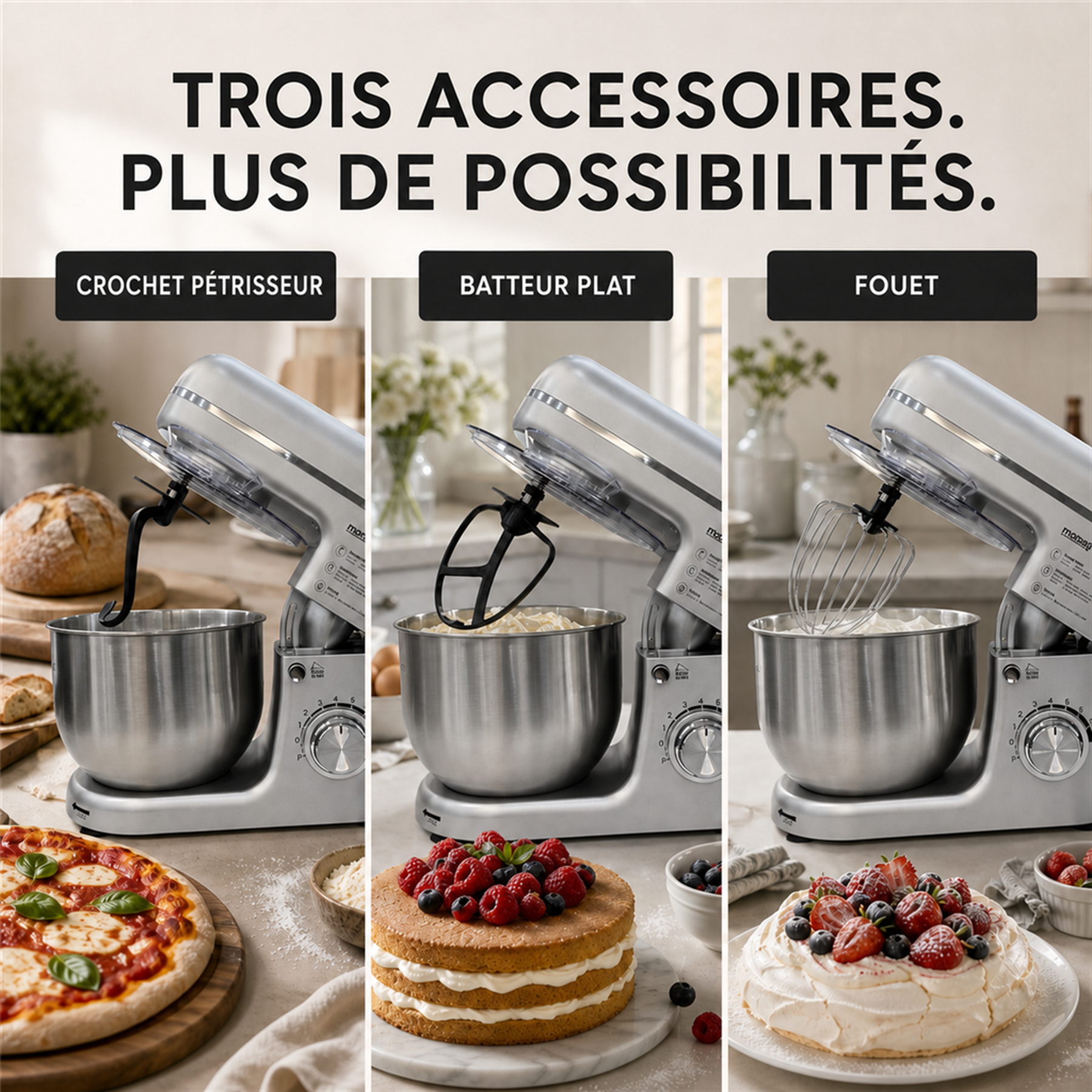 monsga SM100 Robot pâtissier, 1000 W, Noir/Argent, Bol mélangeur en acier inoxydable 6,0 L, Silencieux, Fouet, Crochet pétrisseur, Batteur et Couvercle anti-éclaboussures, 8 vitesses