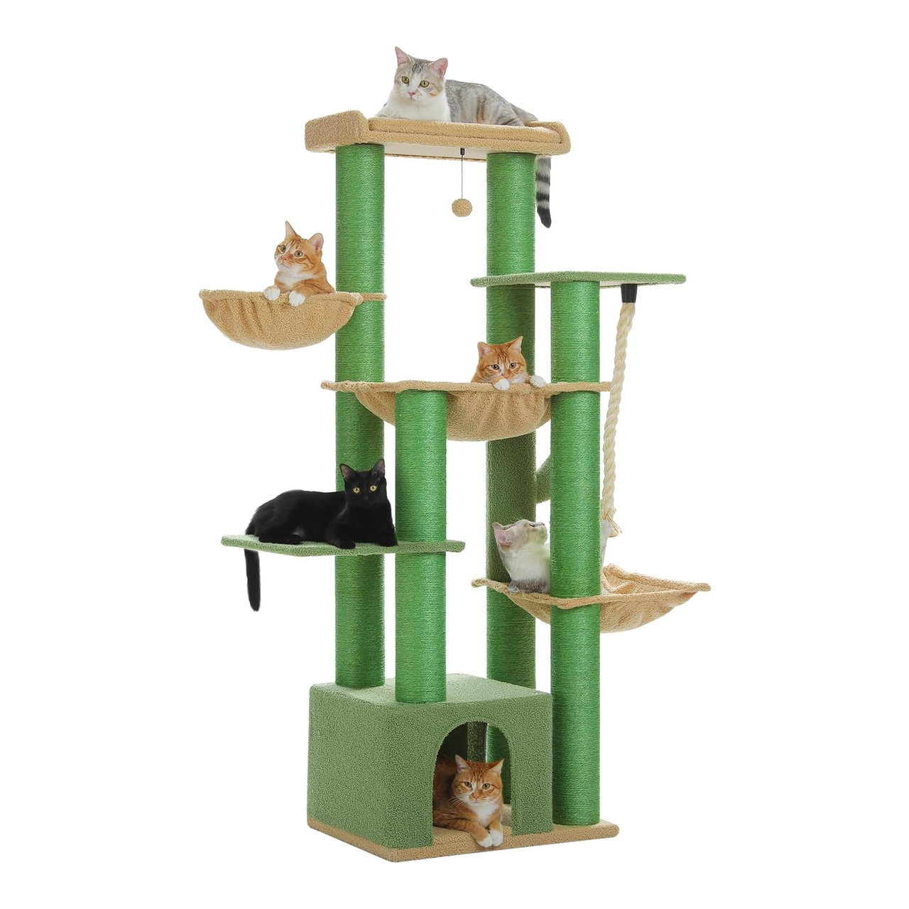 PAWZ Road Grand arbre à chat stable à plusieurs niveaux, Arbre à chat XXL avec hamac 170 cm, 13 poteaux en sisal diamètre 11 cm, Grande plateforme, Niche, Corbeilles, Vert