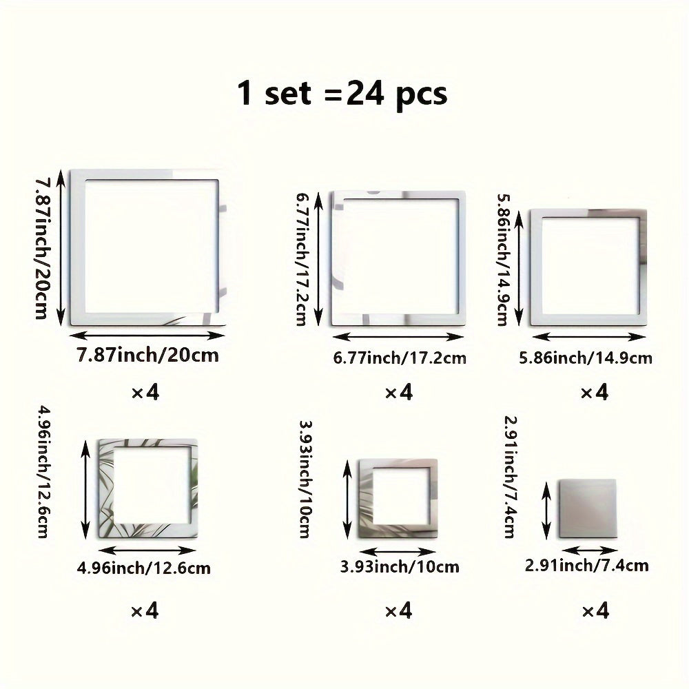 WhereHike Lot de 24 autocollants rectangulaires évidés en acrylique PVC finition miroir, auto-adhésifs, imperméables, amovibles, Argent