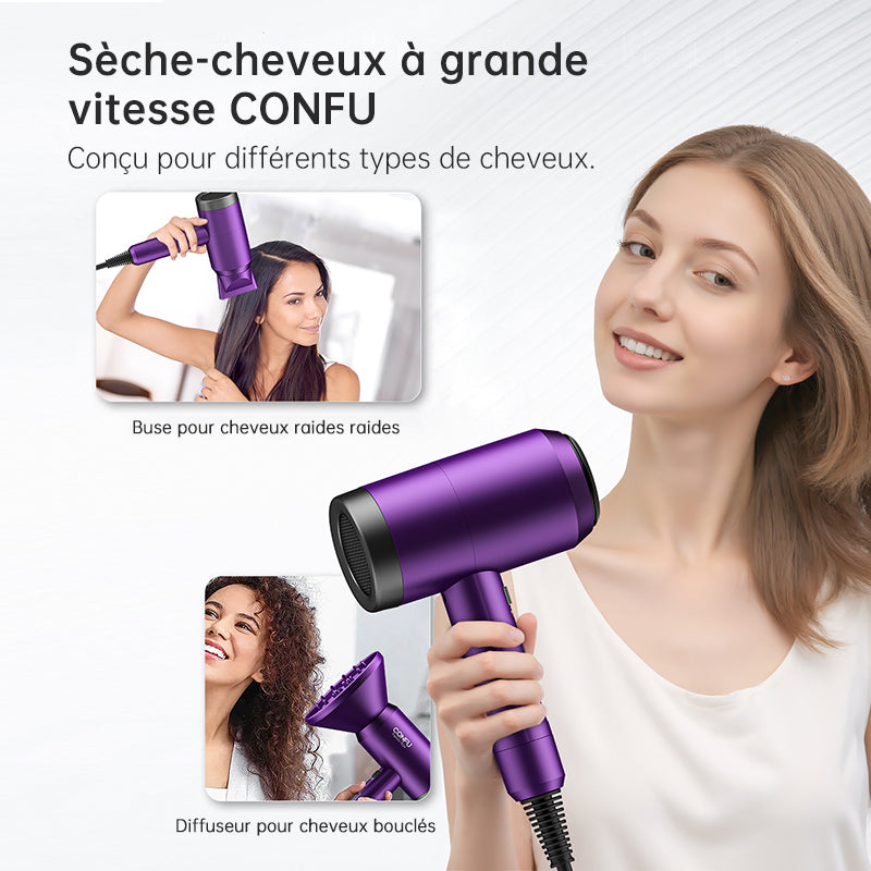 CONFU Sèche-cheveux à haute vitesse 3127 Violet, 2W RPM puissance 1800 W, Haute concentration d'ions négatifs, 2 embouts, Séchage rapide