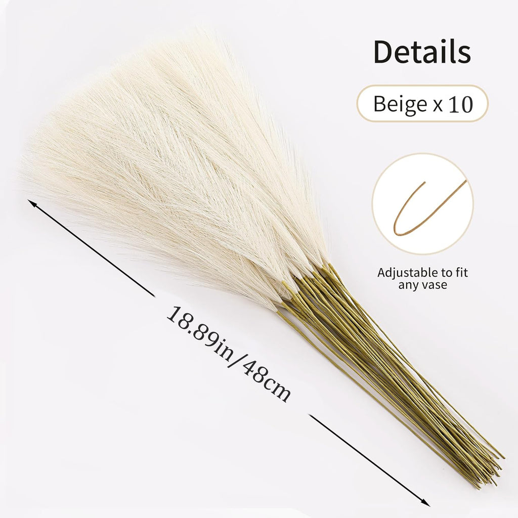 Yuejia 10 pièces 18,89 po / 48 cm Fleurs séchées artificielles, fausses plantes, décorations d’automne, décoration bohème, décoration de maison pour Halloween, Noël, mariages, fêtes, loisirs créatifs, vase, intérieur et extérieur (Beige)