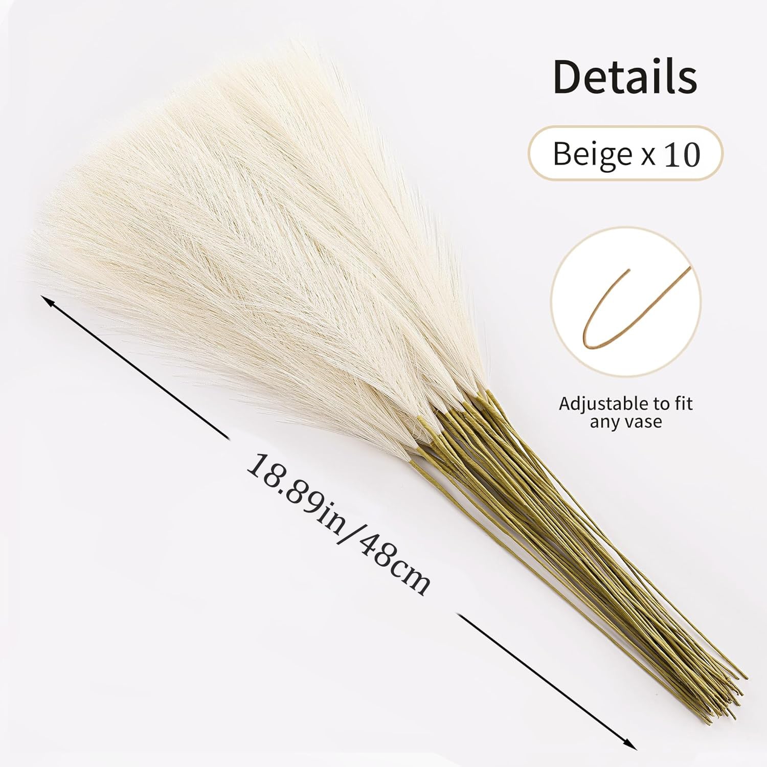 Yuejia 10 pièces 18,89 po / 48 cm Fleurs séchées artificielles, fausses plantes, décorations d’automne, décoration bohème, décoration de maison pour Halloween, Noël, mariages, fêtes, loisirs créatifs, vase, intérieur et extérieur (Beige)