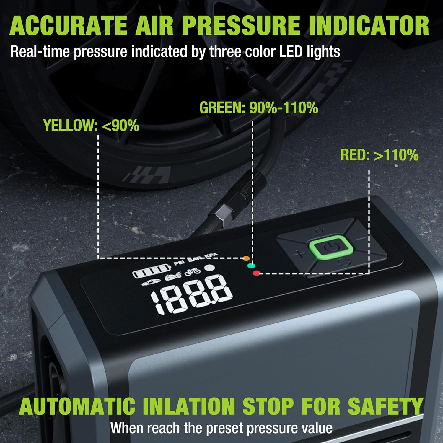 WORKPRO pompe à air électrique sans fil 3-en-1 avec éclairage LED, batterie externe intégrée, compresseur à batterie, écran d'affichage et protection d'arrêt automatique