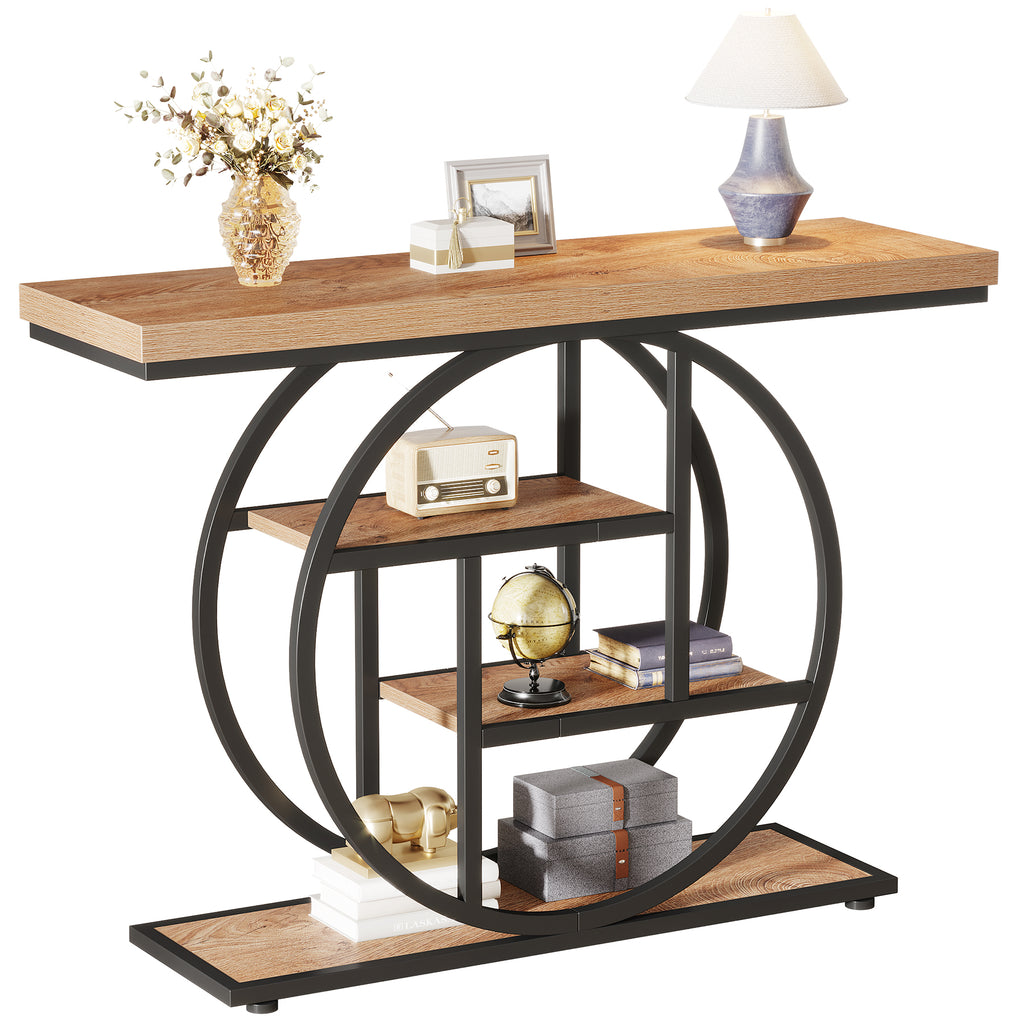 Tribesigns Table console 105 cm, Table derrière canapé industrielle à 4 niveaux pour entrée avec base circulaire, Table d'appoint étroite en bois avec étagères de rangement pour salon