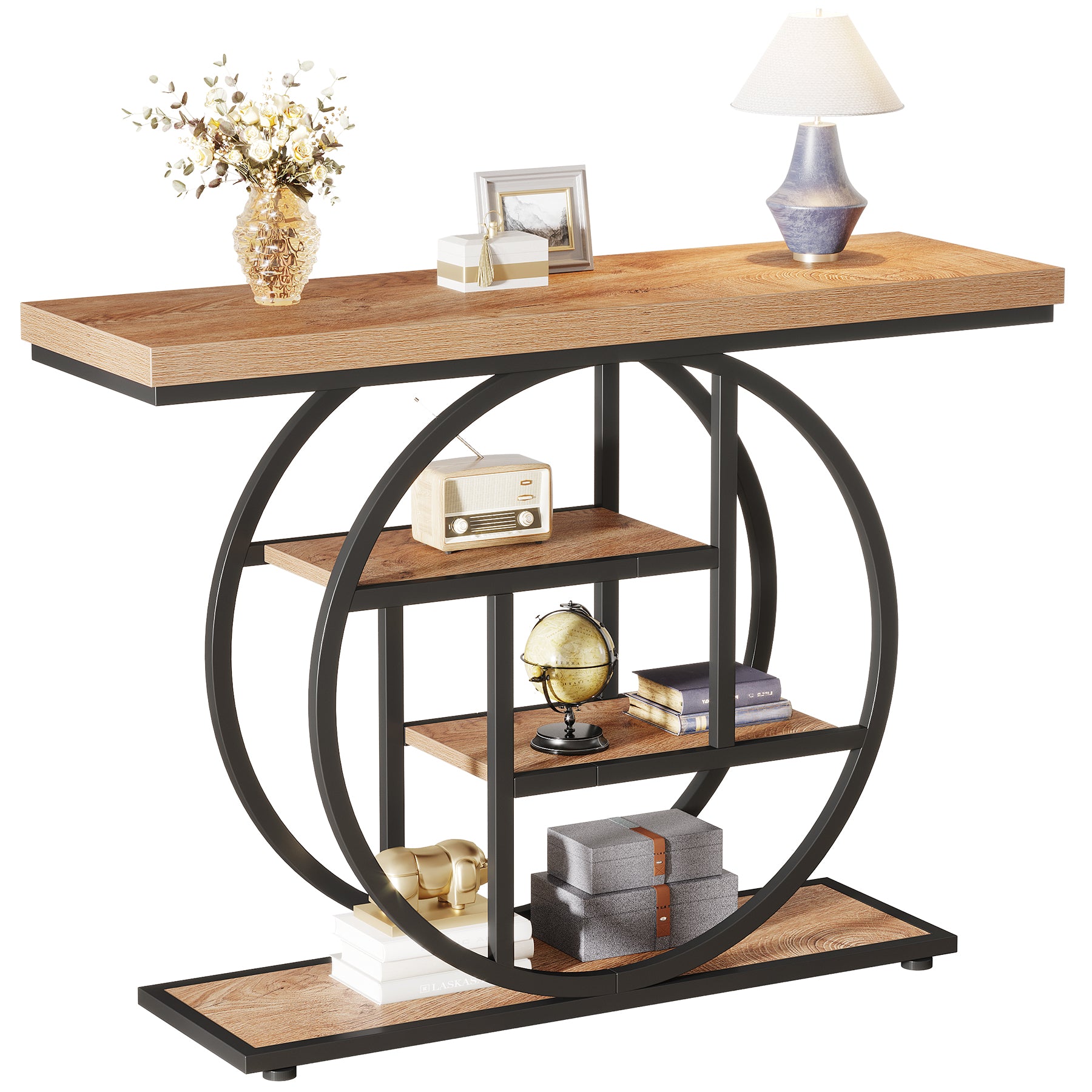 Tribesigns Table console 105 cm, Table derrière canapé industrielle à 4 niveaux pour entrée avec base circulaire, Table d'appoint étroite en bois avec étagères de rangement pour salon