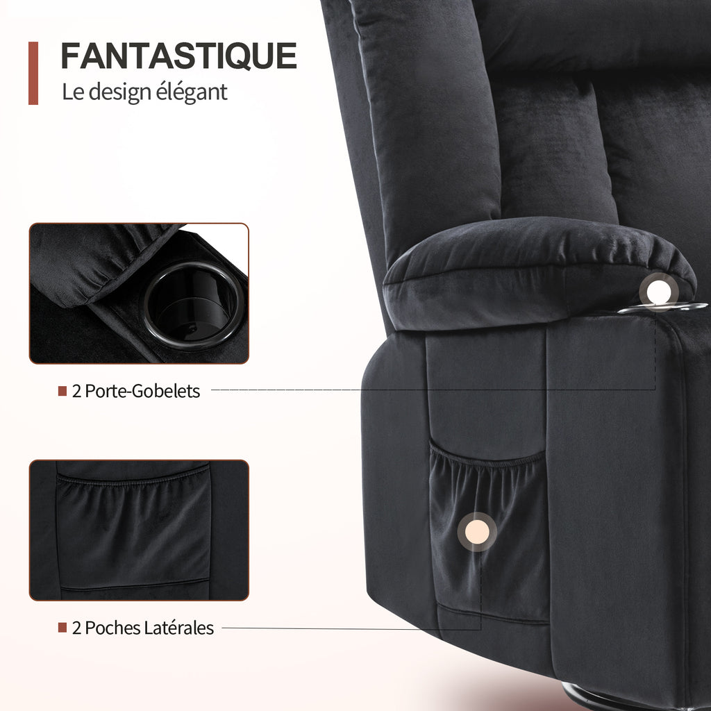 COMHOMA Chaise de relaxation manuelle pivotante pour adultes avec dossier réglable et repose-pieds, chaise longue 361° pour salon, porte-gobelet, poches latérales, tissu doux, ergonomique, noir