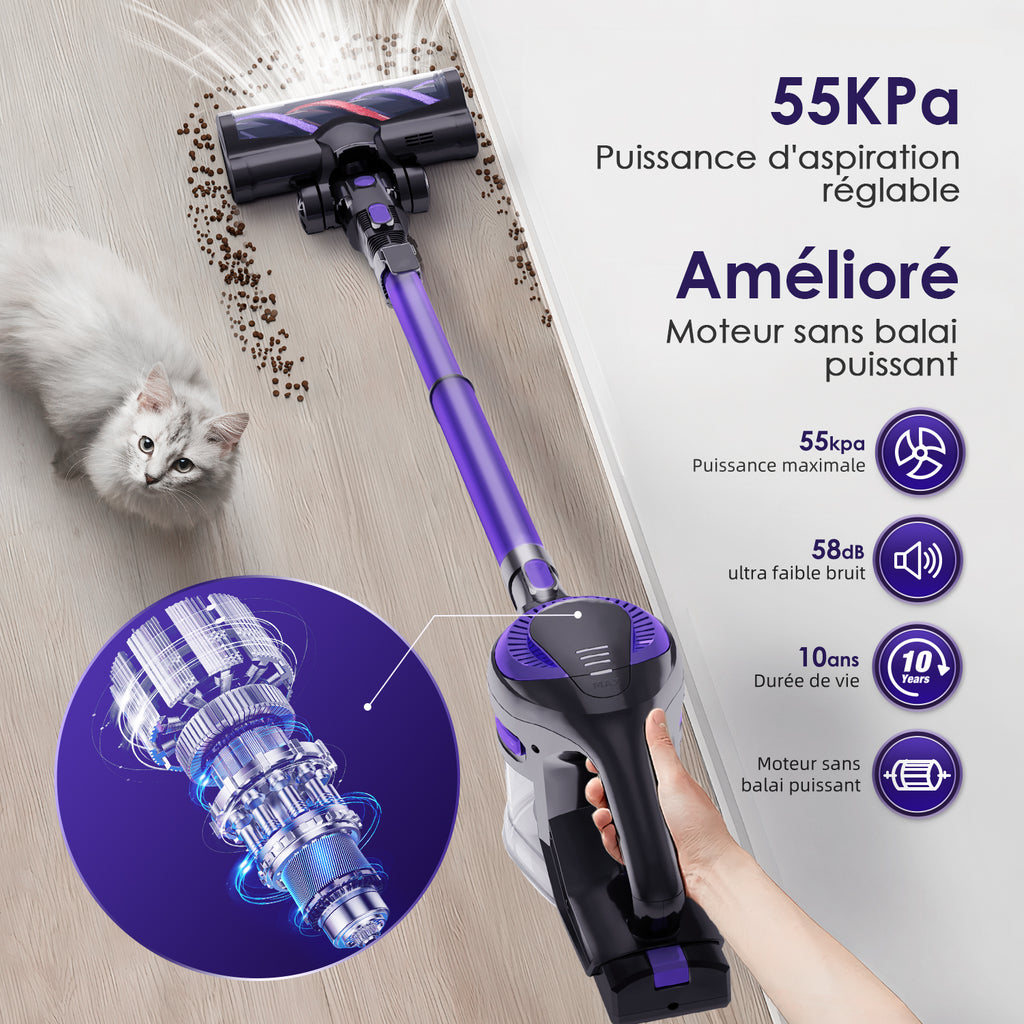 Aspirateur sans fil Daynee, aspirateur sans fil 55 kPa, aspirateur sans fil avec tuyau et brosse pour animaux, HEPA*4 pour poils d'animaux, tapis et sols durs