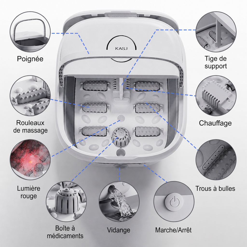 KASJ T5-A Spa de pieds massant portable pliable – chaleur, bulles et lumière rouge, massage à 6 rouleaux avec orifice de vidange pour relaxation à domicile