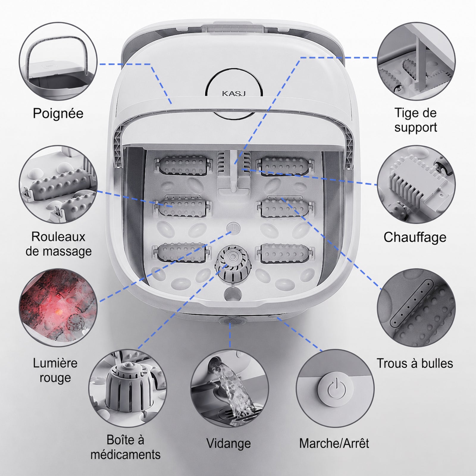 KASJ T5-A Spa de pieds massant portable pliable – chaleur, bulles et lumière rouge, massage à 6 rouleaux avec orifice de vidange pour relaxation à domicile