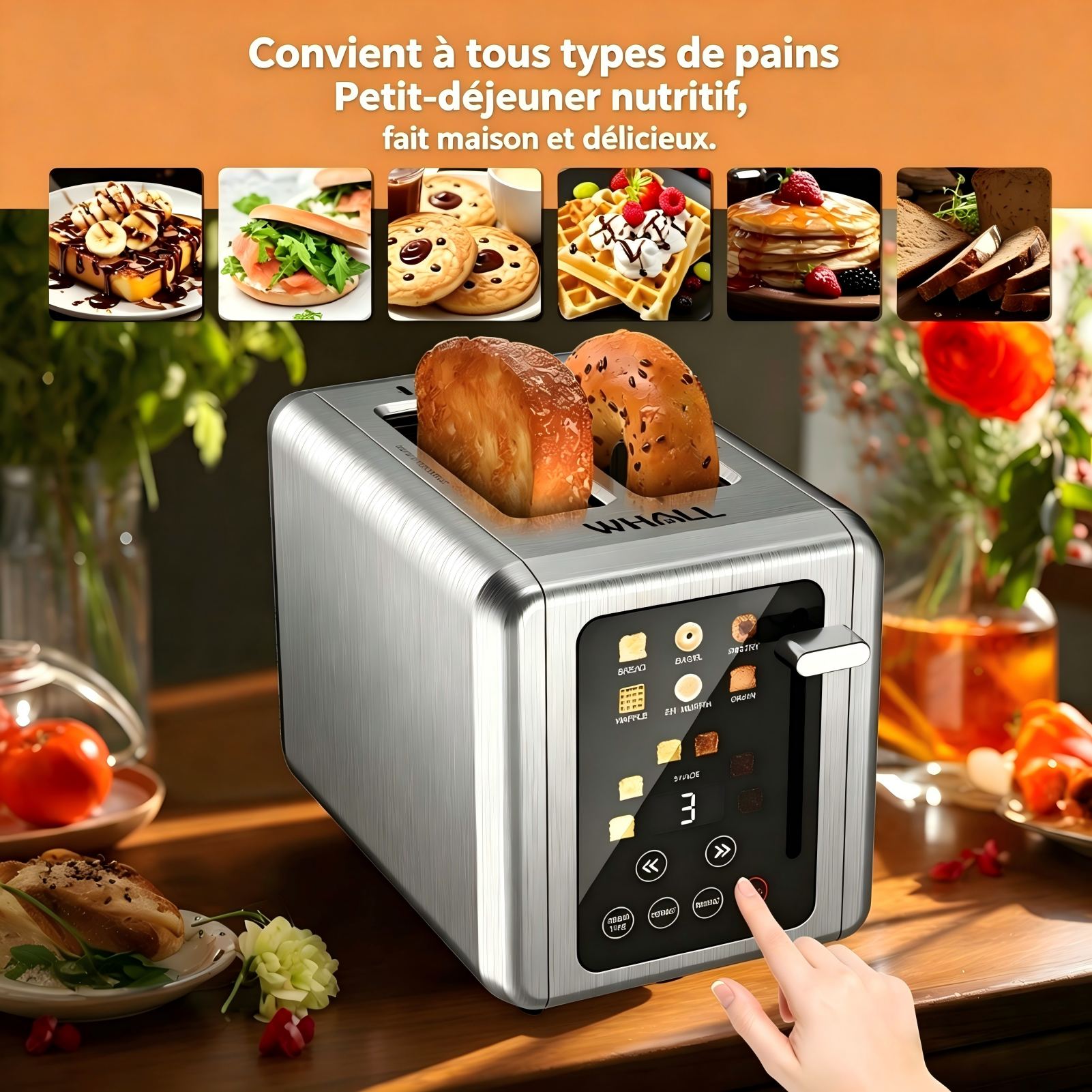 WHALL Grille-pain numérique intelligent avec écran tactile, 2 tranches, fentes larges de 1,5 pouce, 6 niveaux de toast et 6 types de pain, fonction mémoire, minuteur, inox brossé