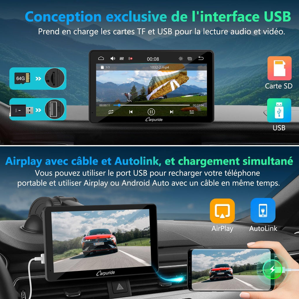 Autoradio CARPURIDE, portable sans fil Carplay & Android Auto, radio tactile 7 pouces 1080P HD avec BT 5.0, prise en charge Mirror Link, support de tableau de bord pour camion camping-car