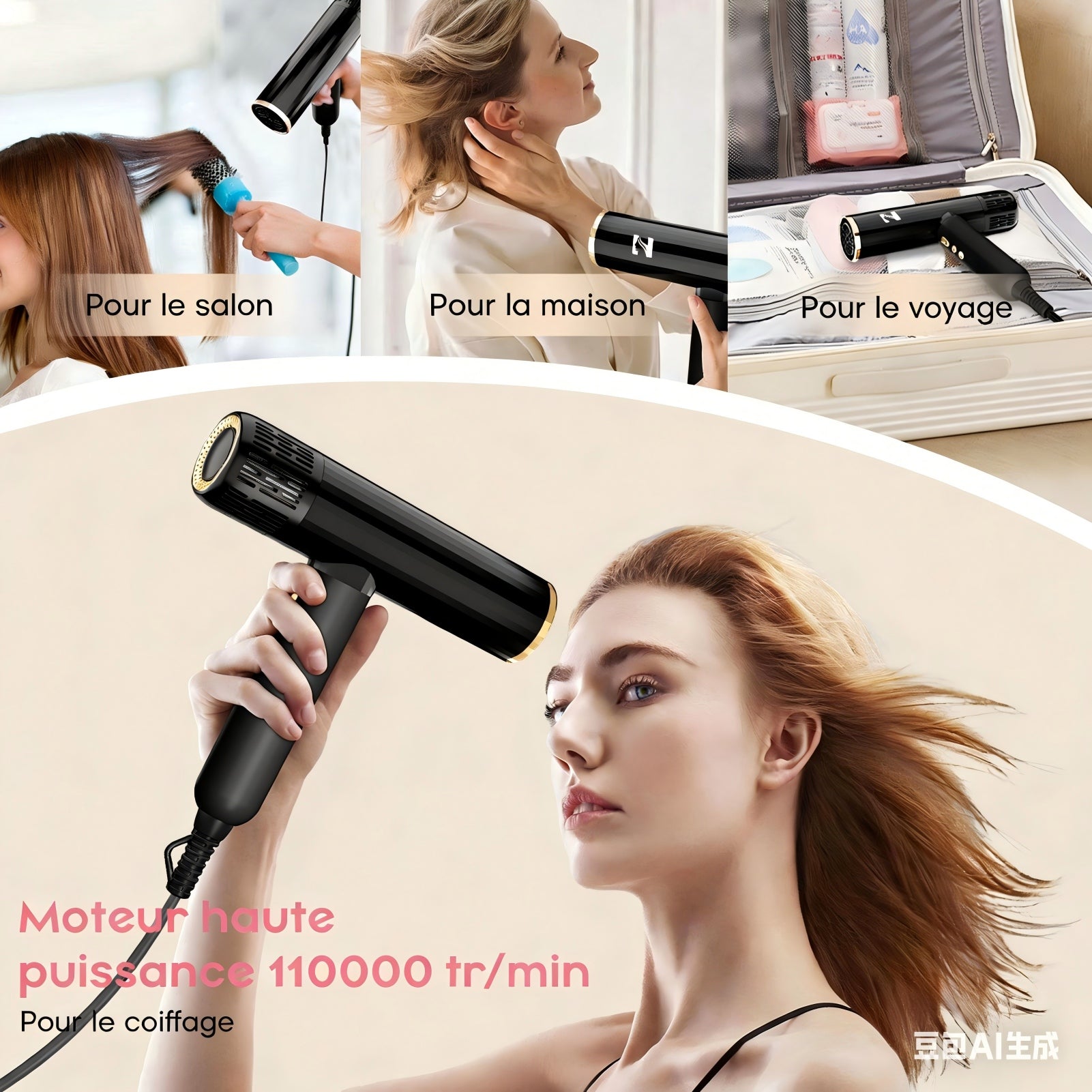 NICEBAY Sèche-cheveux ionique DW-9041 avec diffuseur pour cheveux bouclés, 1900 W, Moteur sans balais 110 000 tr/min, Peu bruyant, Léger