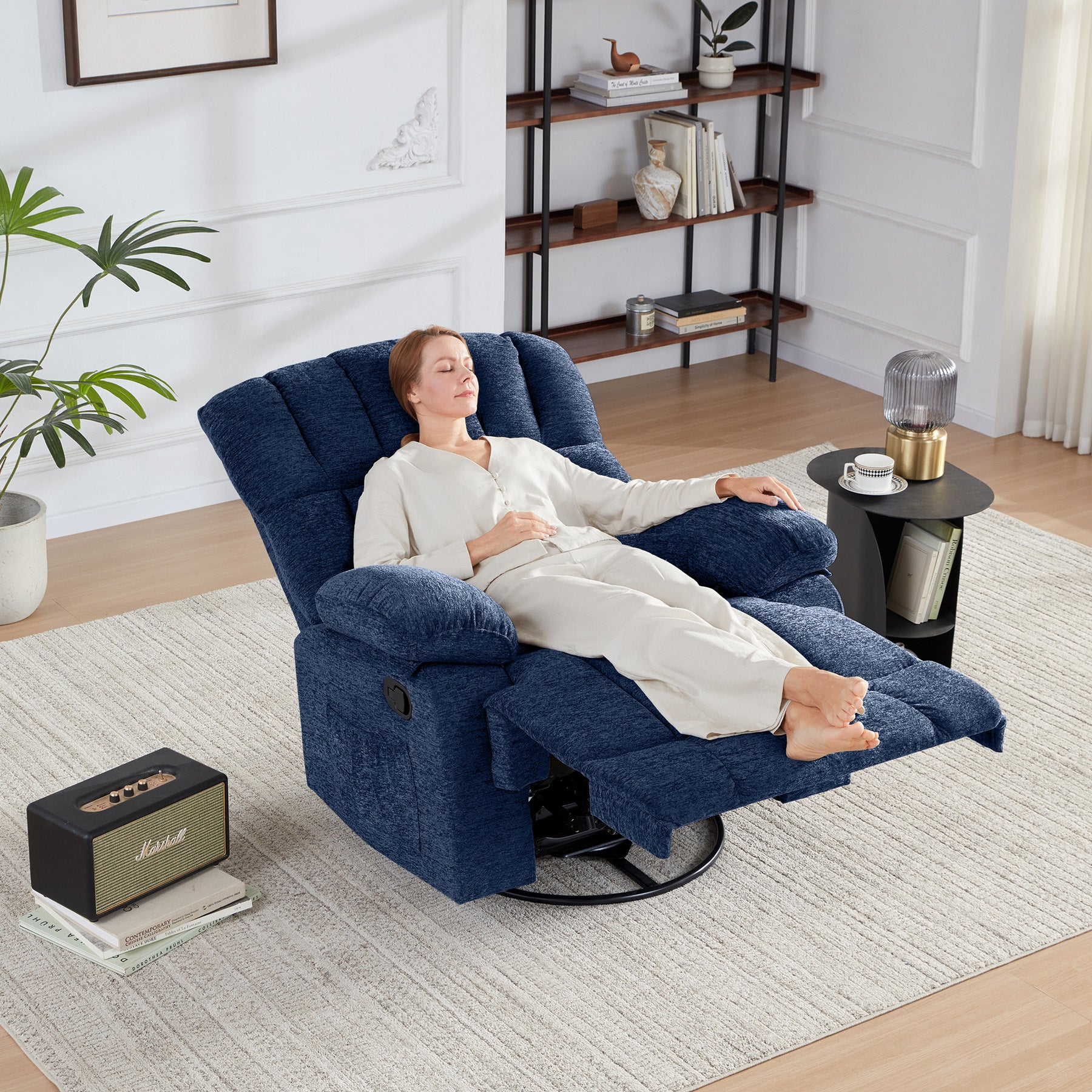 HONEYOU Fauteuil pivotant et bascule surdimensionné avec cadre OKIN, Chaise bascule à 360°, Canapé rembourré manuel pour salon et chambre, Bleu