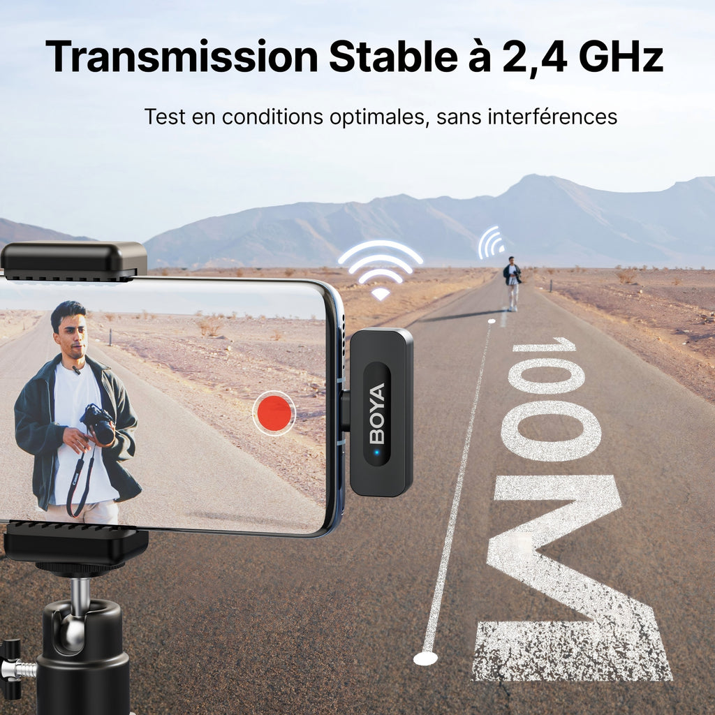 BOYA BY-V20 V2.0 Microphone sans fil USB-C pour iPhone 16/17, Android avec Réduction du bruit en un clic, Autonomie 9 h 2 TX+1 RX