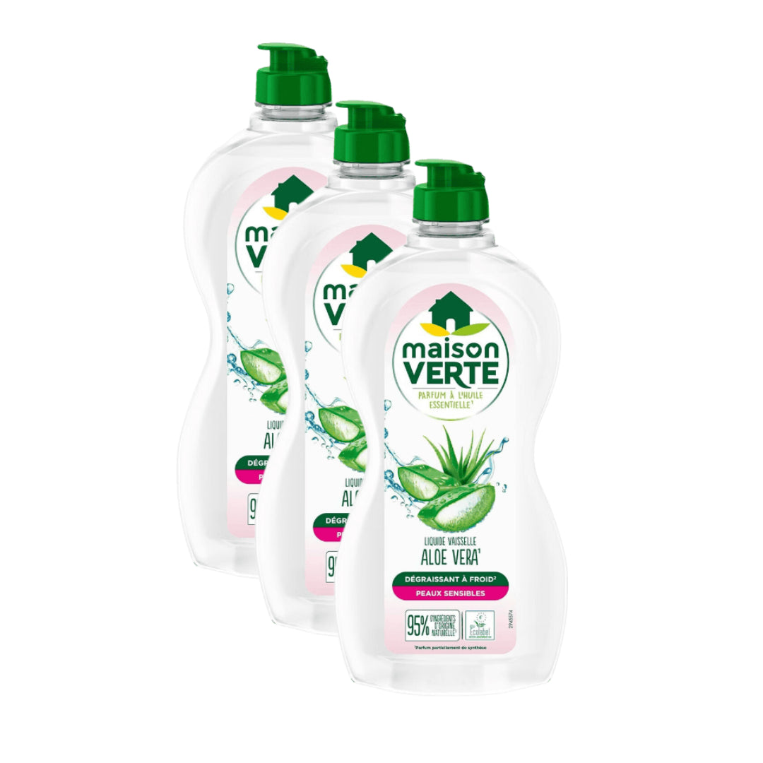 Maison Verte Liquide Vaisselle, Aloe Vera & Huiles Essentielles Biologiques, Dégraissage à Froid, 3 x 500 ml (= 1,5 L)