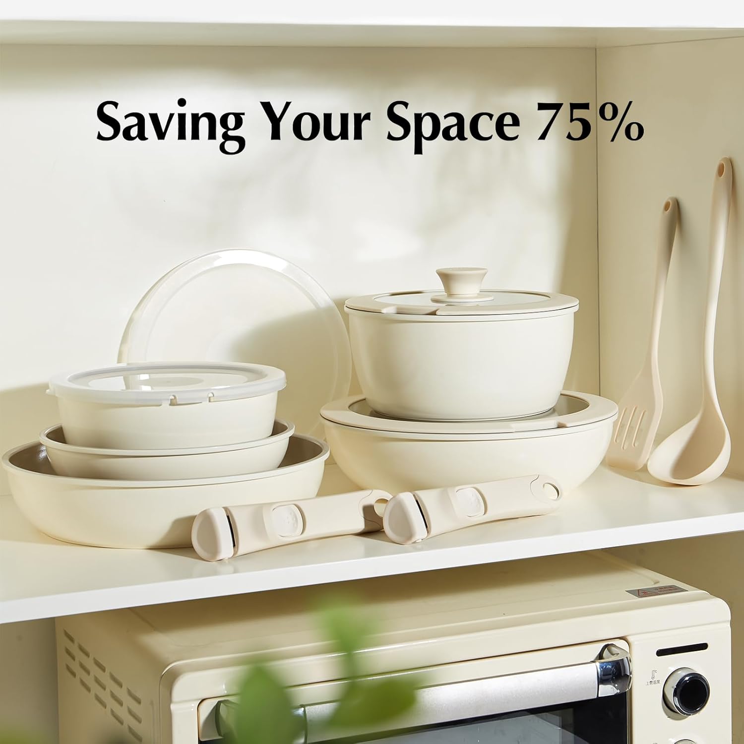 Redchef Batterie de cuisine en céramique 16 pièces avec poignées amovibles, extérieur Blanc, intérieur Café, sans PTFE/PFAS/PFOA, compatible lave-vaisselle