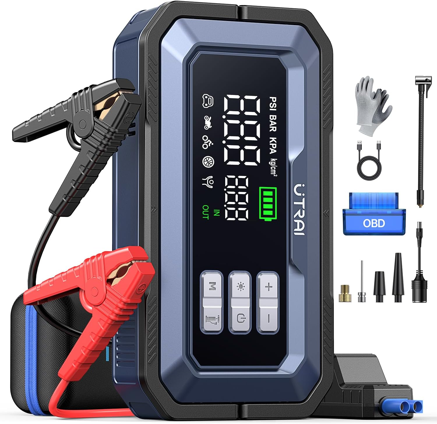 UTRAI JS-30 Booster de démarrage 7000A et 12 V avec pompe à air, lecteur de codes d'erreur OBD2, sortie DC 160W, lampe de camping LED, fonction de charge rapide 18W pour les voitures