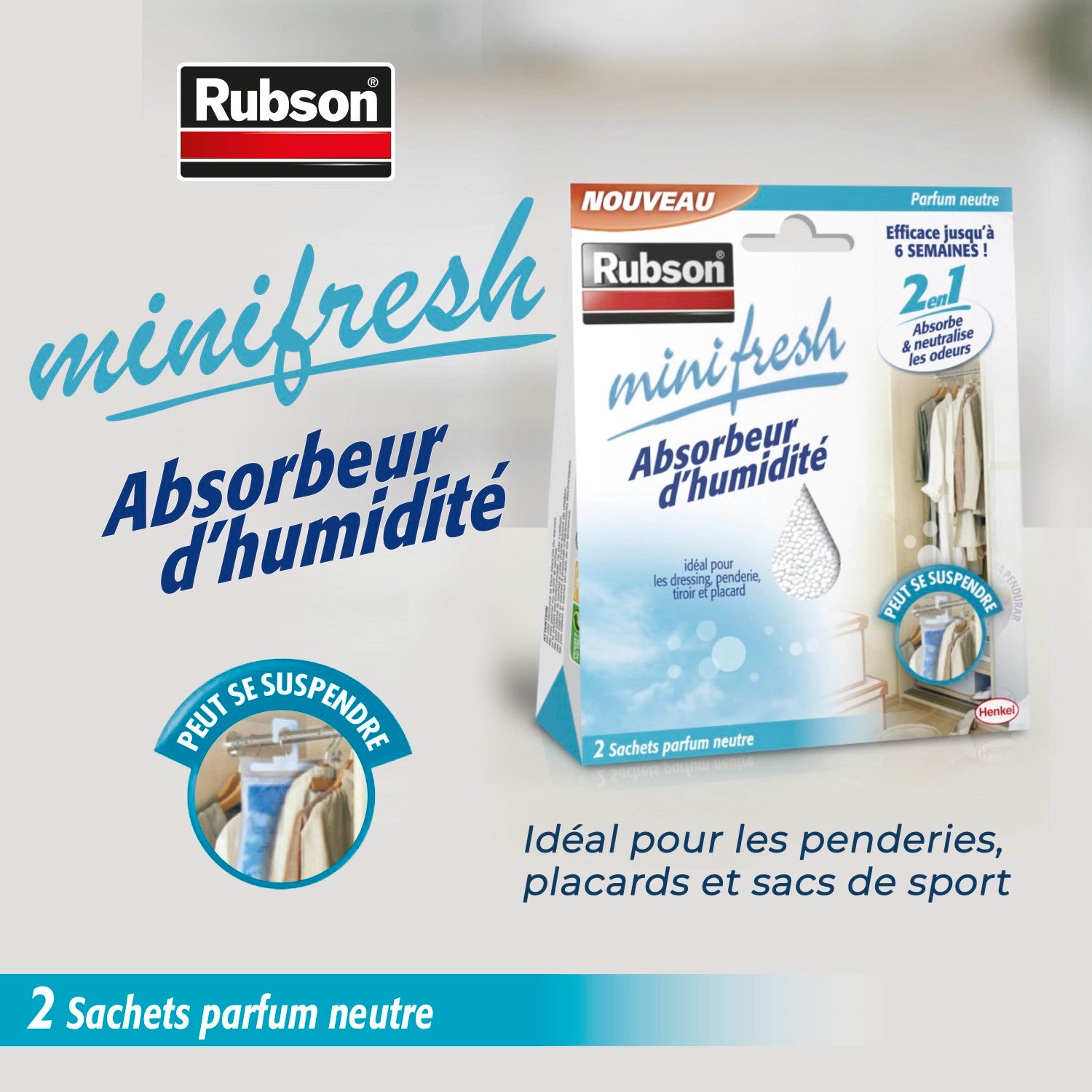 Rubson – Absorbeur d’humidité Minifresh parfum neutre (2 sachets de 50 g) – Idéal pour dressing, penderie, tiroir et placard – Efficace jusqu'à 6 semaines