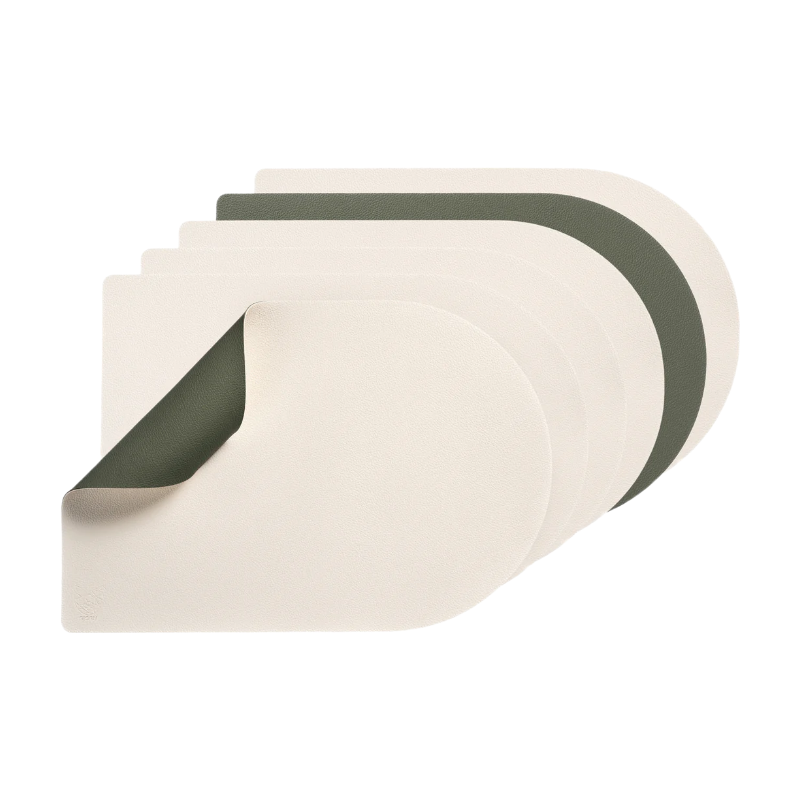 Björn Lot de 6 set de table rectangulaires réversibles en cuir recyclé - Blanc crème et gris-vert