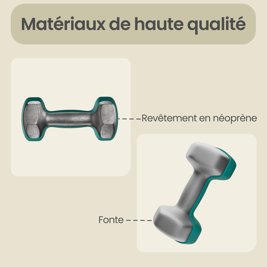 JOYFURNOS Ensemble de 2 haltères hexagonaux en néoprène, 2 x 3 kg, avec barres d'haltères, Entraînement à domicile, Turquoise