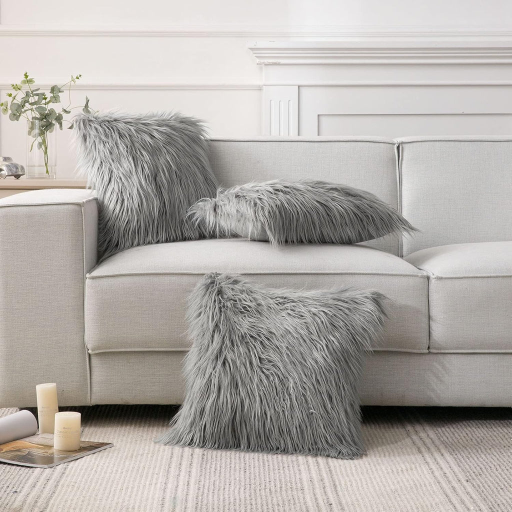 PHANTOSCOPE Housse de Coussin en Fausse Fourrure Coussin Décoratif Moelleux Mongol Taie d'Oreiller Douce Pelucheuse Housse de Coussin pour Chambre et Canapé, Gris 18 x 18 Pouces