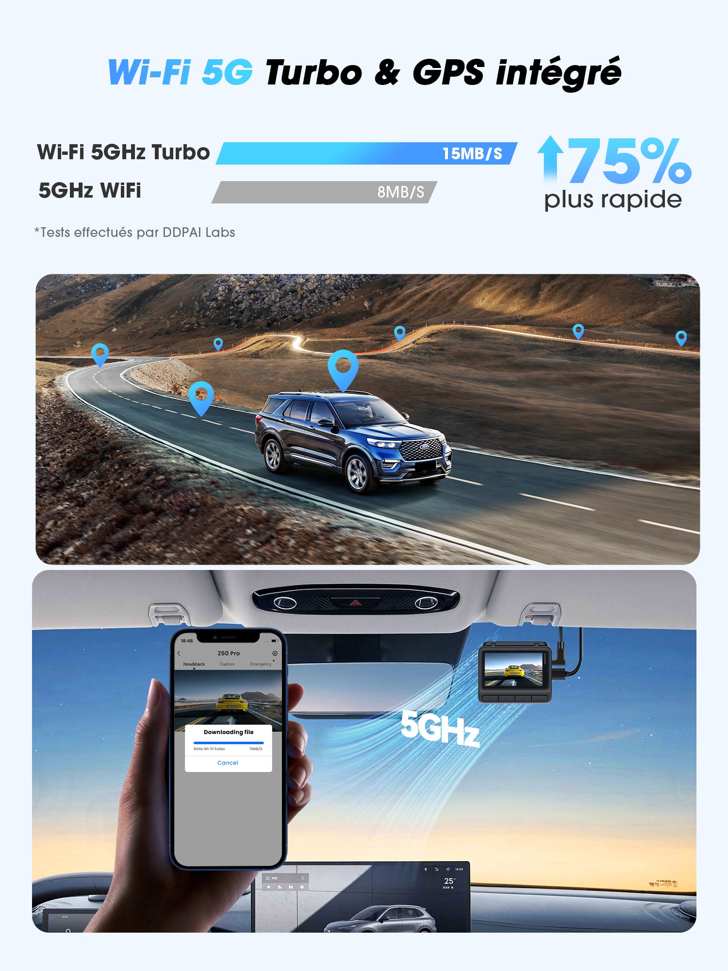 DDPAI Z60 Pro 4K Dashcam 3 pouces, enregistreur de voiture avec double caméra avant et arrière, STARVIS 2 IMX678, 60 FPS, HDR, eMMC 32 Go intégré, IA-ISP, vision nocturne, Wi-Fi 5 GHz, GPS, mode stationnement 24 h, 2 canaux