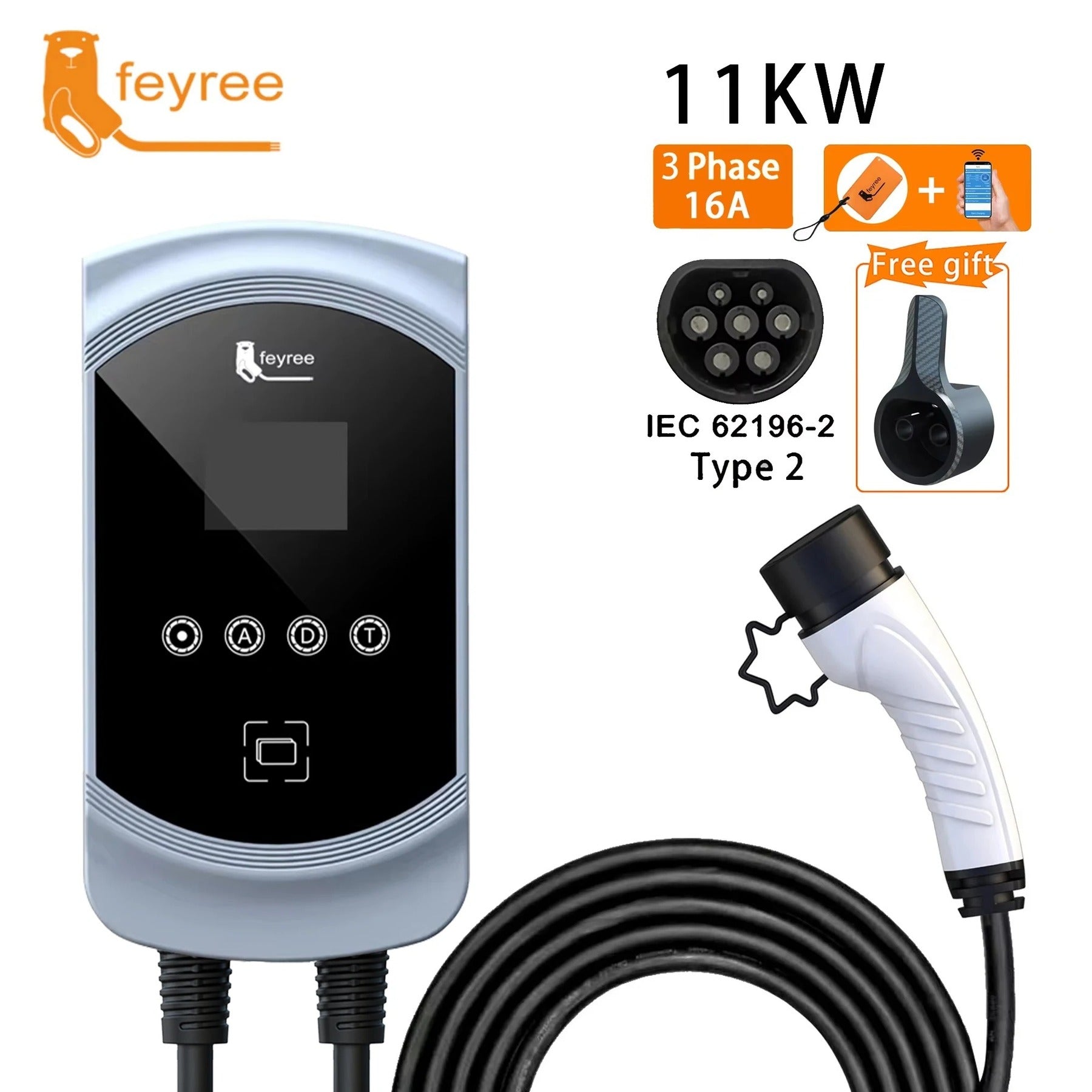 Feyree Borne de recharge VE 32 A 11 kW triphasée pour voiture électrique, système d’alimentation pour véhicule électrique mural, câble type 2, prise IEC62196-2, contrôle par application