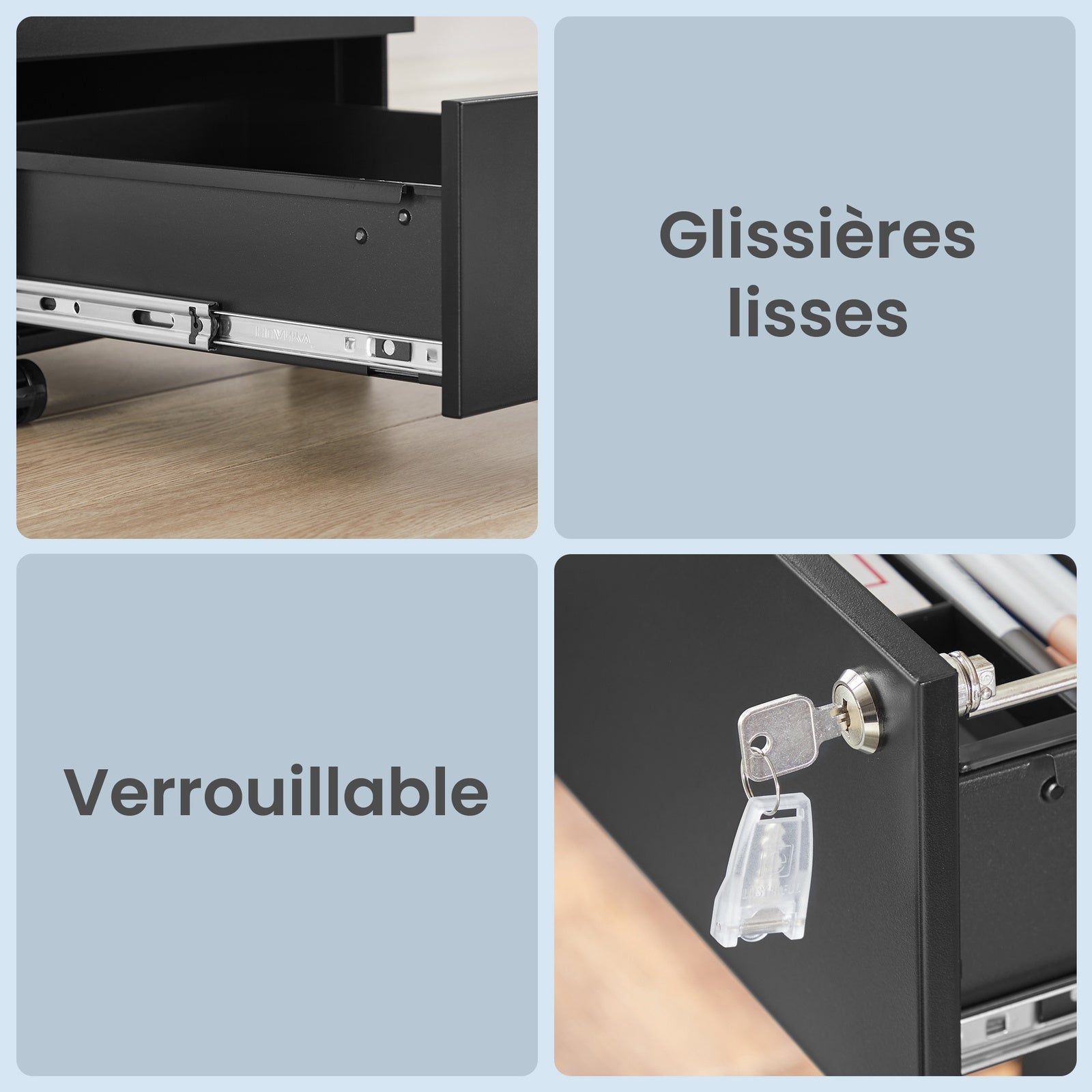 JOYFURNOS Armoire à dossiers mobile verrouillable noir mat – 3 tiroirs, préassemblée, rangement pour documents et fournitures, 39 x 45,1 x 53,8 cm – rangement compact pour bureau ou télétravail