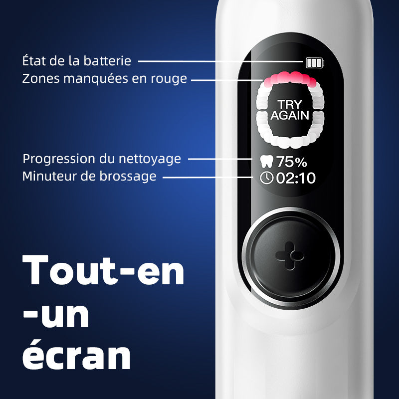 saky Pro Brosse à dents électrique sonique familiale G5S Blanc avec écran intelligent IA pour adultes et enfants | Autonomie 150 jours, carte de brossage en temps réel | Mode blanchiment, minuterie 3 min, étui de voyage